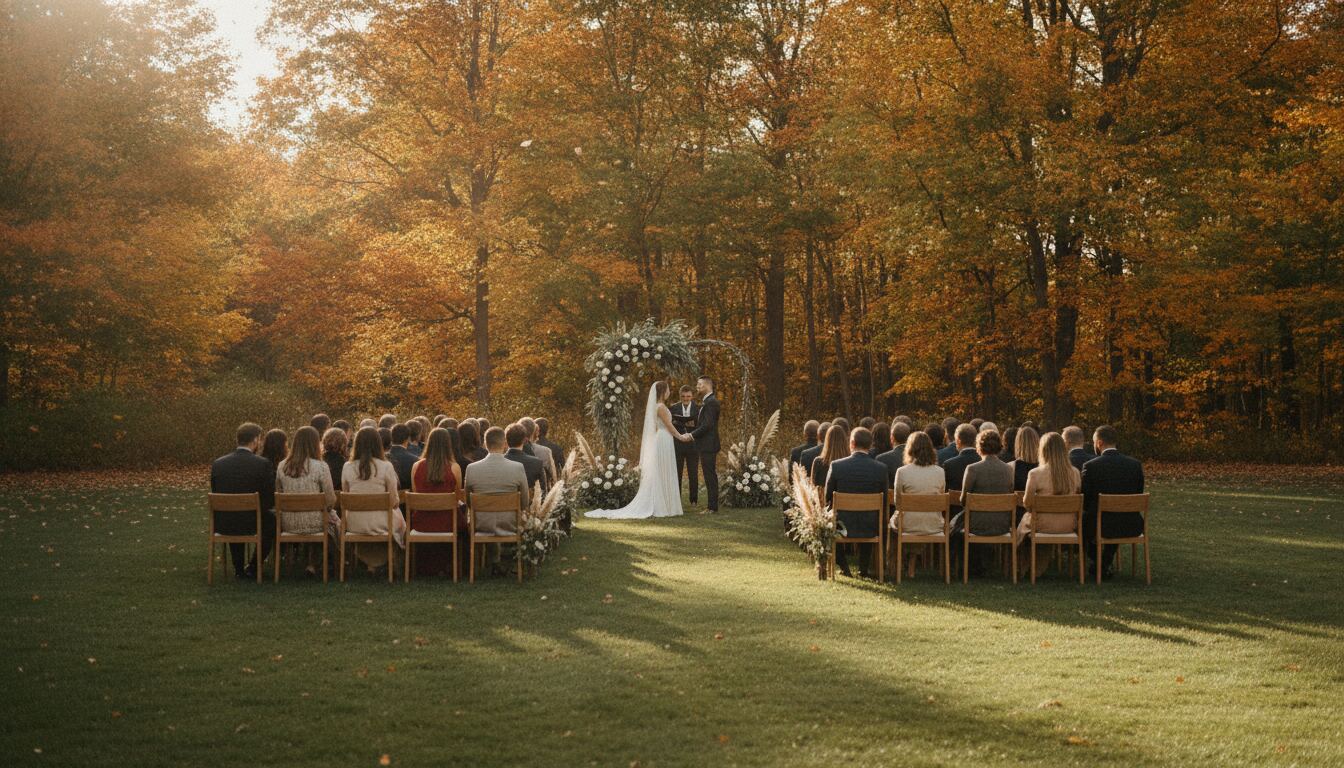 An outdoor autumn ceremony on a lawn edged by maples in full colour