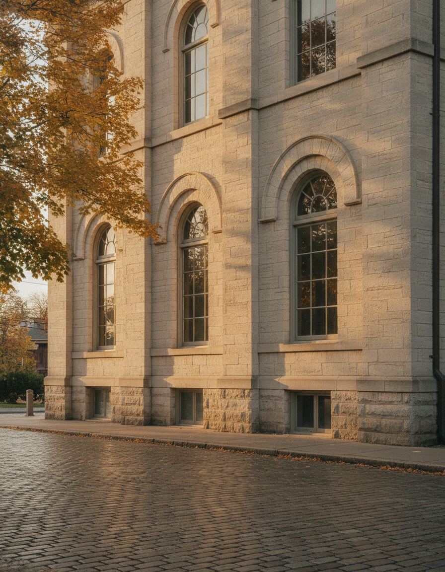 A nineteenth century limestone town hall in late afternoon autumn light