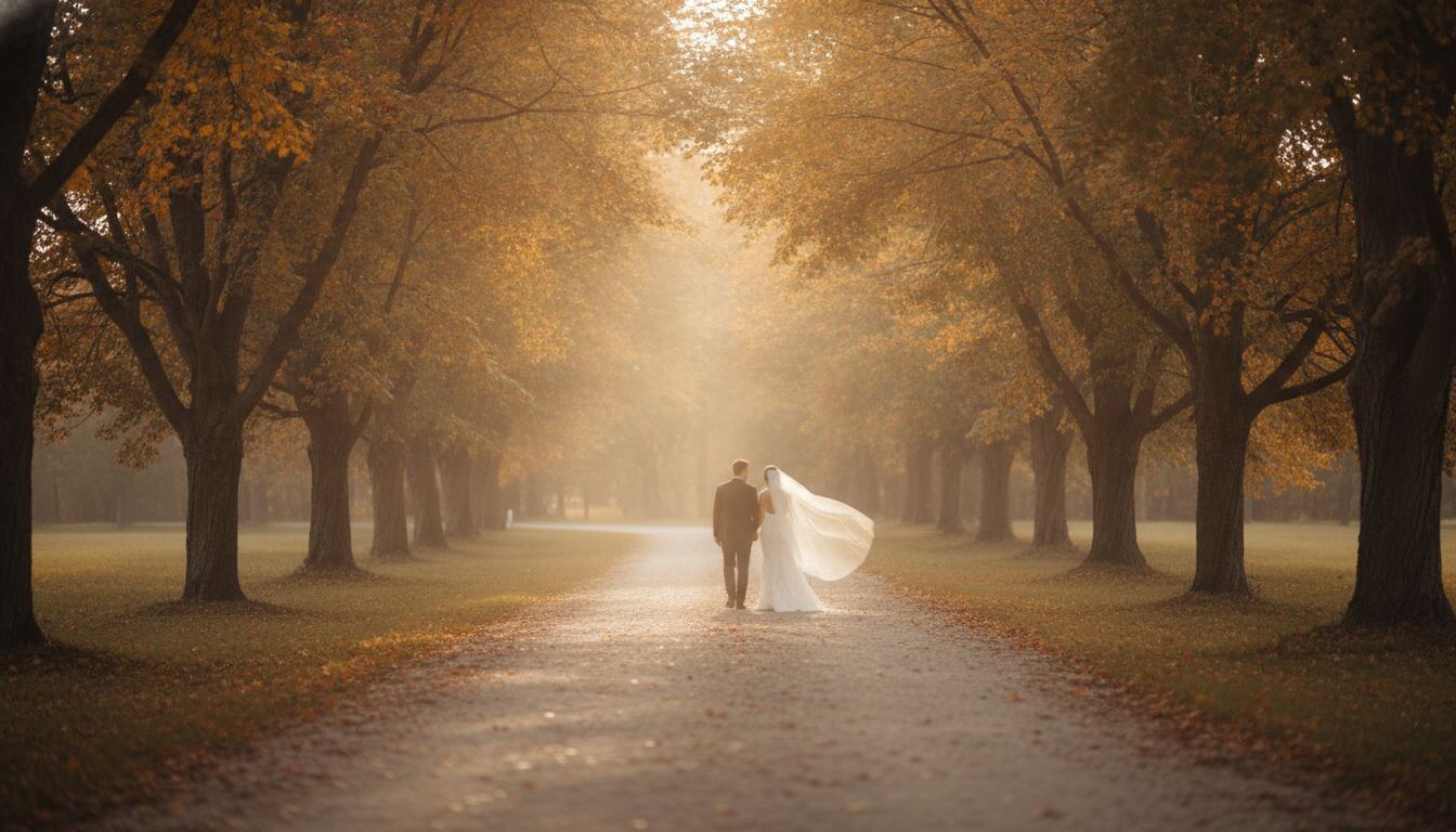 A couple walking away down a tree lined lane in late golden hour, maples arching overhead in autumn colour