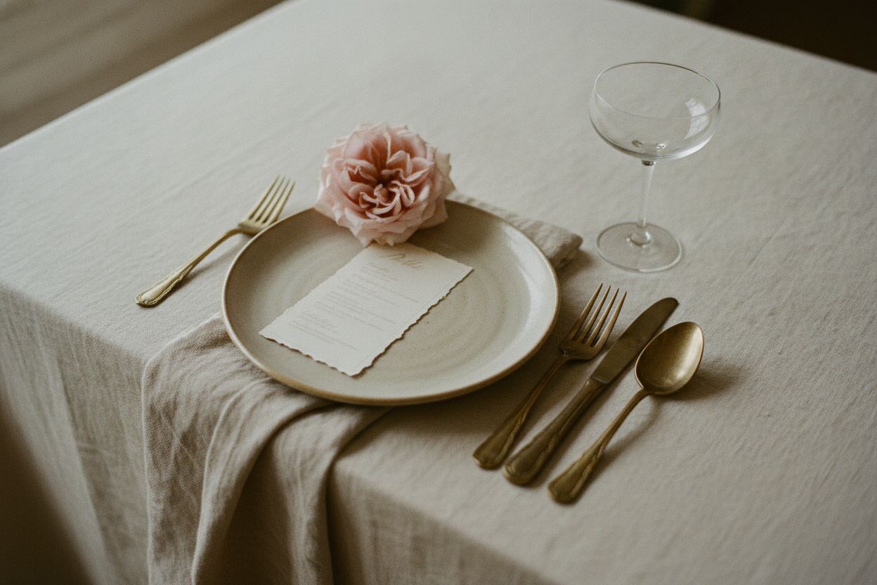 A place setting on ivory linen with aged brass cutlery and a menu card