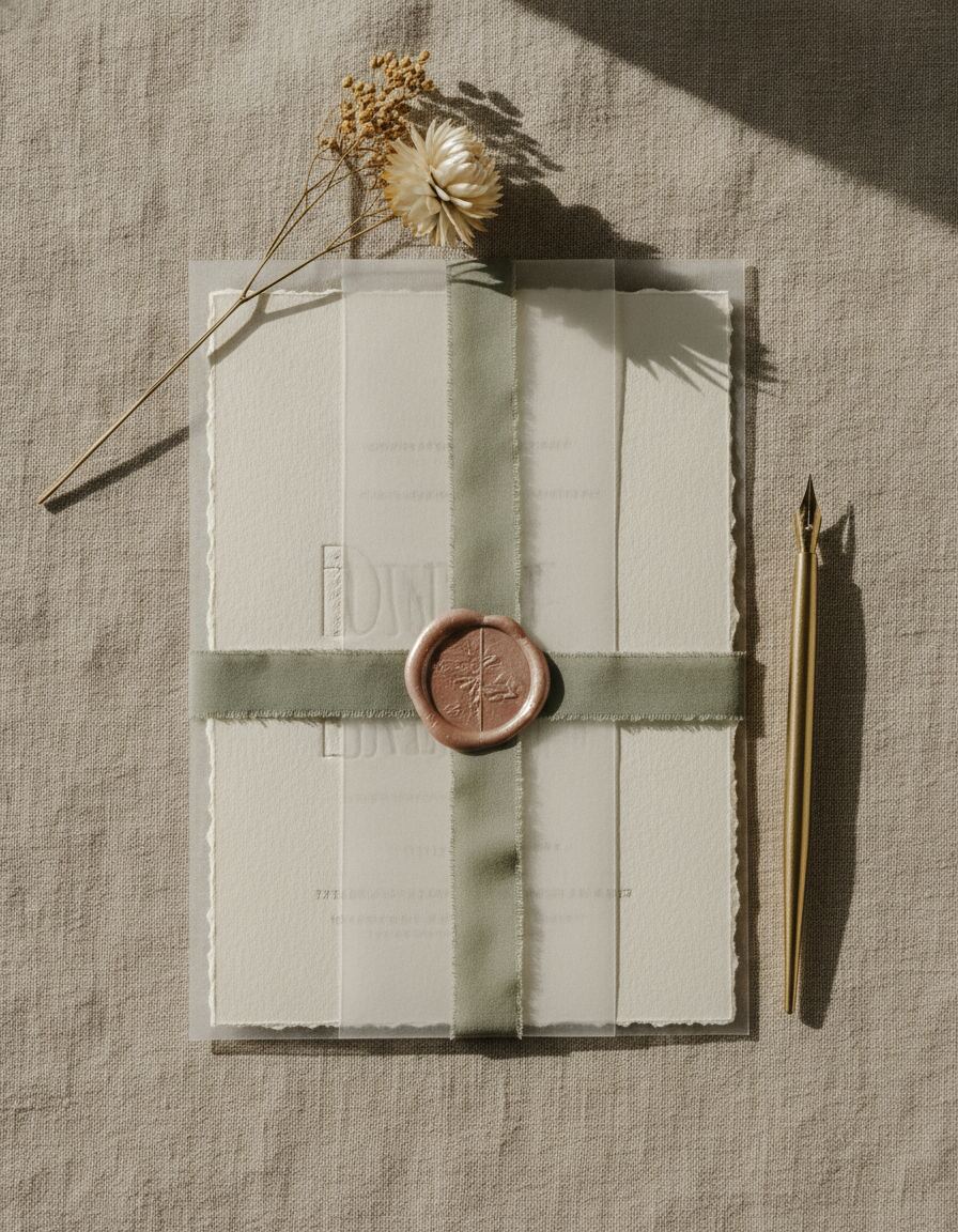 A letterpress invitation suite on oatmeal linen with sage silk ribbon and a wax seal