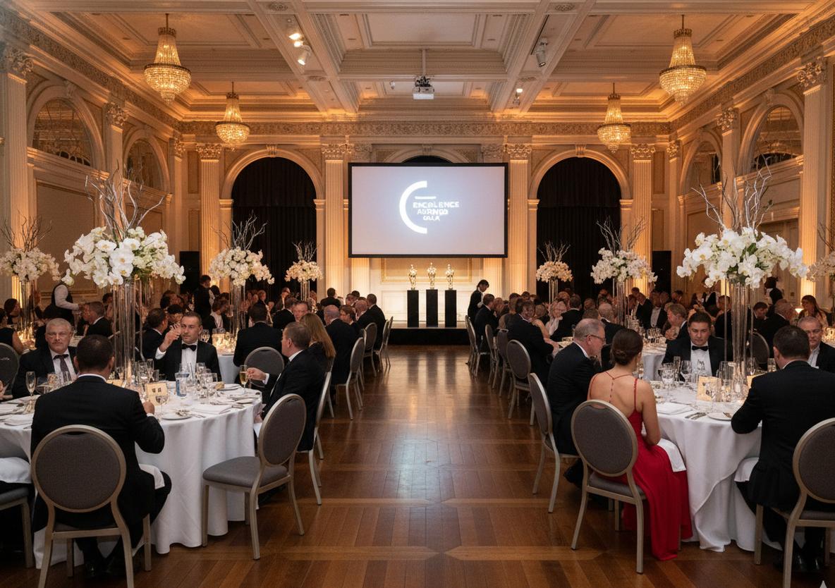 Corporate awards gala dinner in ballroom setting