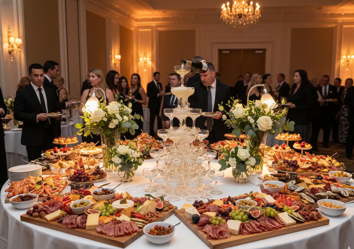 Luxurious catering buffet spread with gourmet food displays