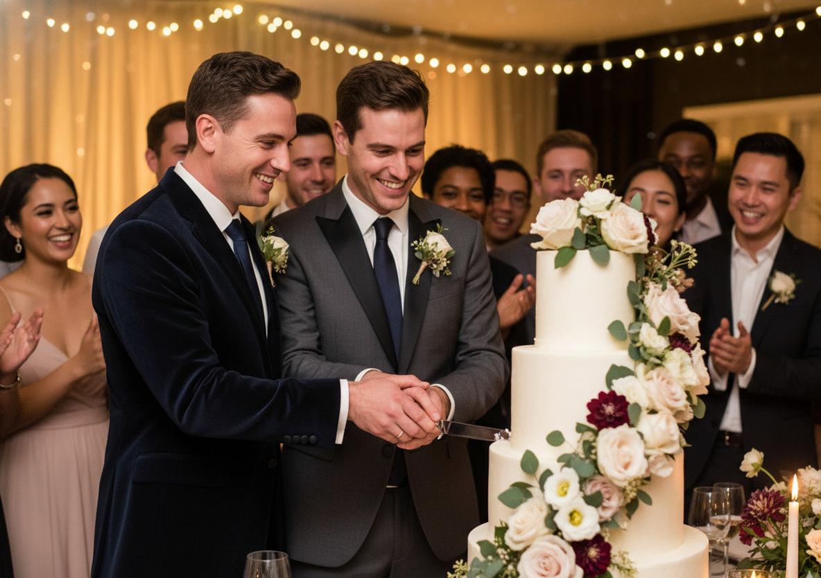 Joyful couple celebrating their wedding with floral decorations