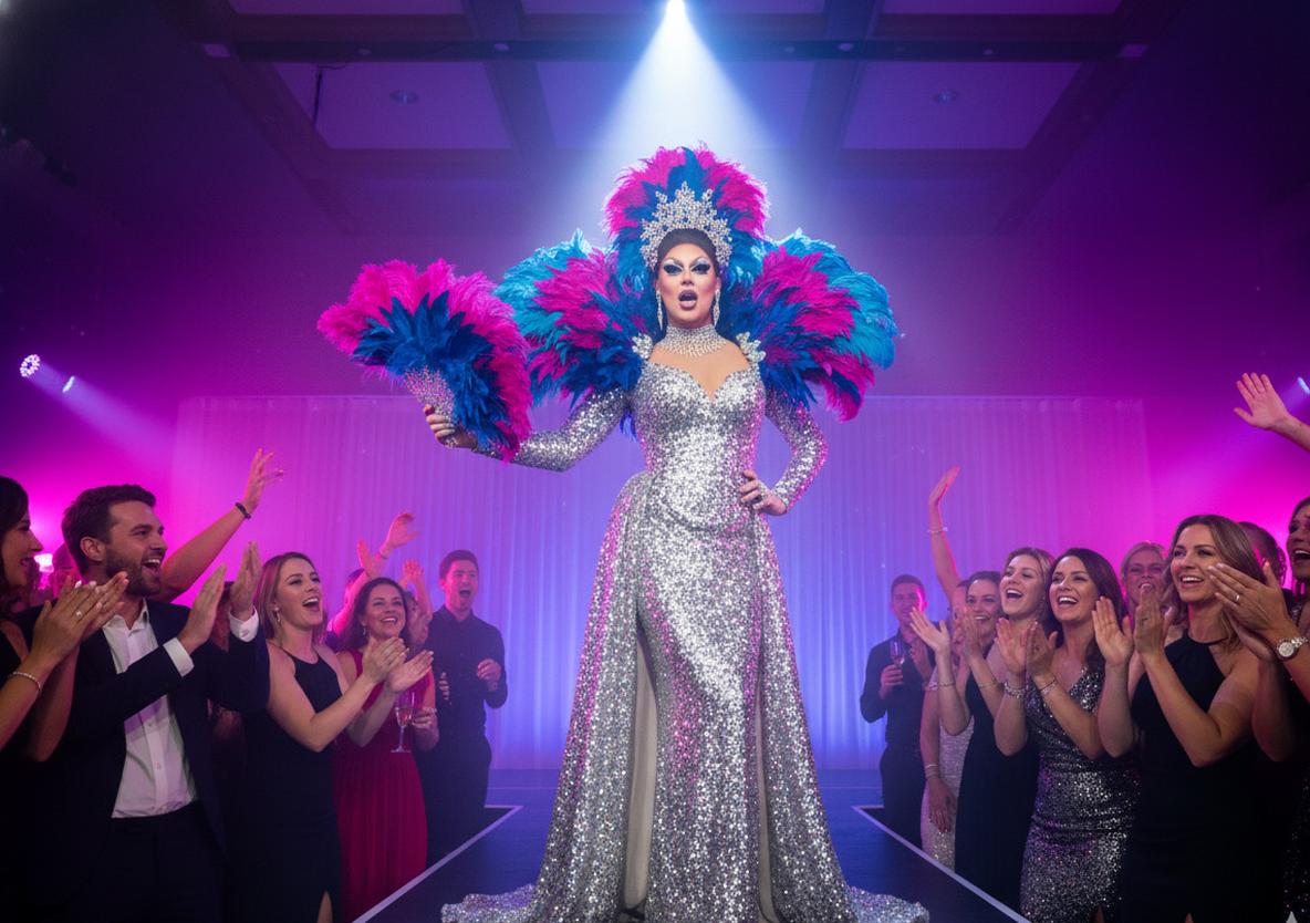 Glamorous drag queen performer at an elegant party