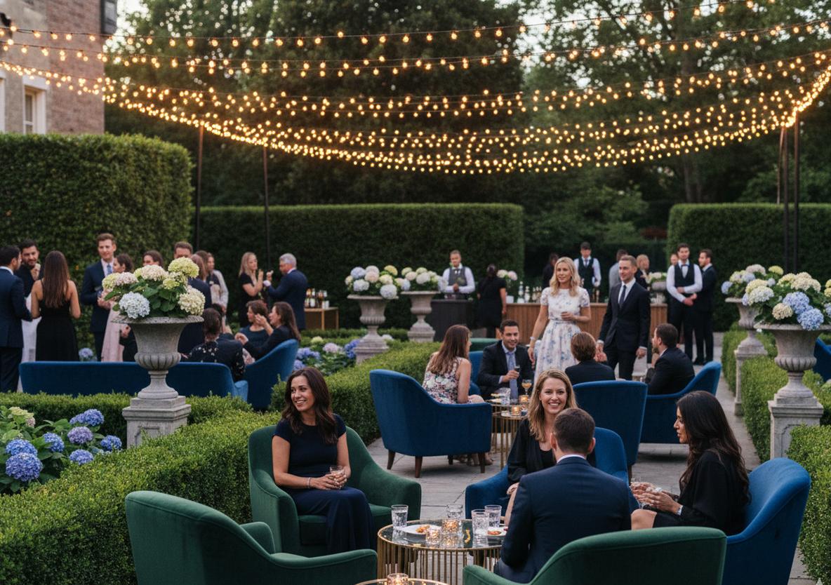 Elegant outdoor garden party with luxury furniture rentals