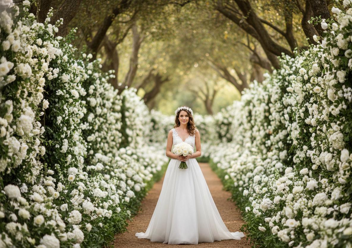 Bride walking through garden path with white florals
