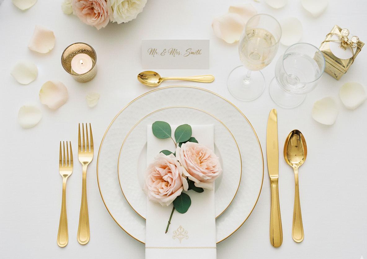 Overhead flat lay of wedding table setting with gold accents