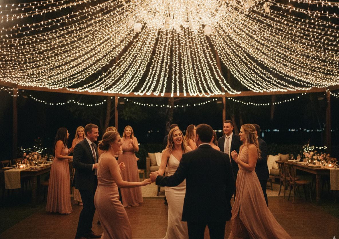 Wedding reception dance floor with fairy lights