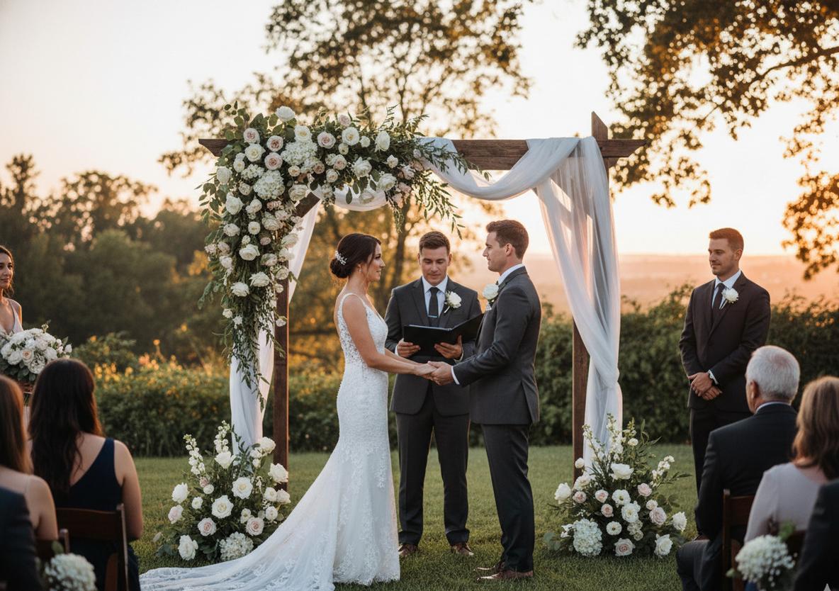 Wedding ceremony moment with floral backdrop